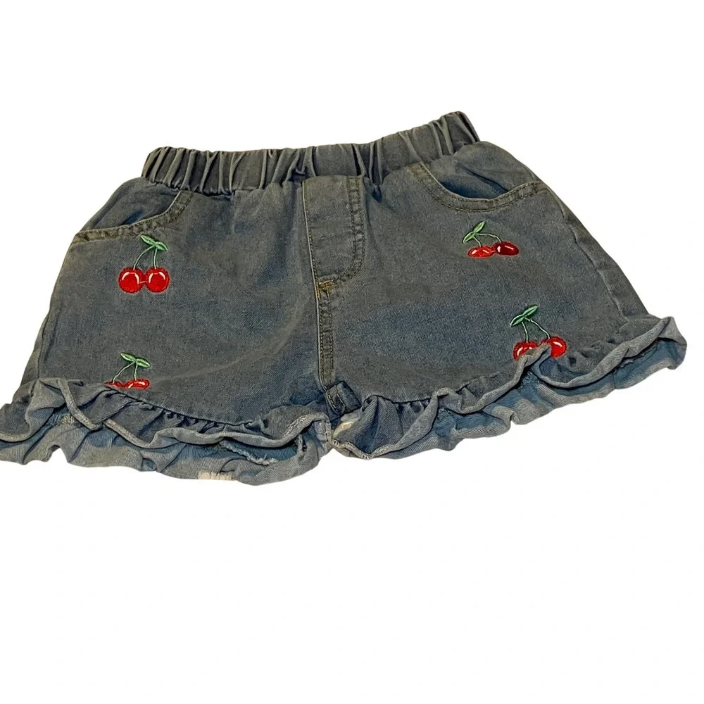 SHEIN Kids Girls Size 6 2-Piece Set  Cat Tee and Cherry Denim Ruffle Shorts